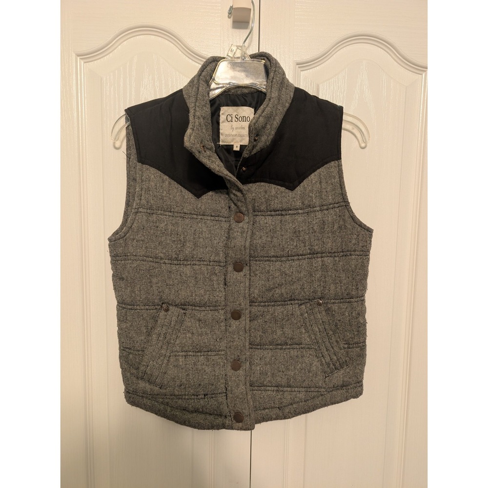 Ci Sono Womens Size Medium Wool Blend Woven Contrast Snap Up Mock Neck Vest Gray